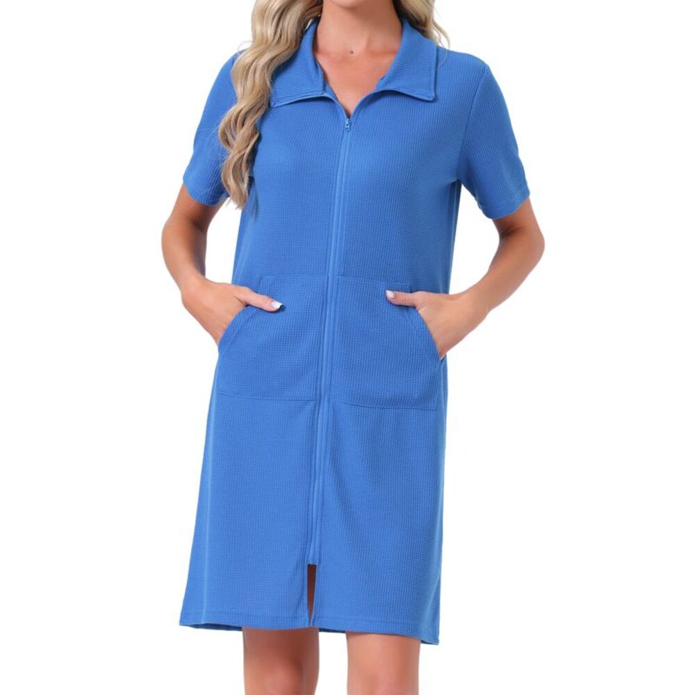 Women's Zipper Bathrobe Waffle Short Sleeve Pajama Royal Blue